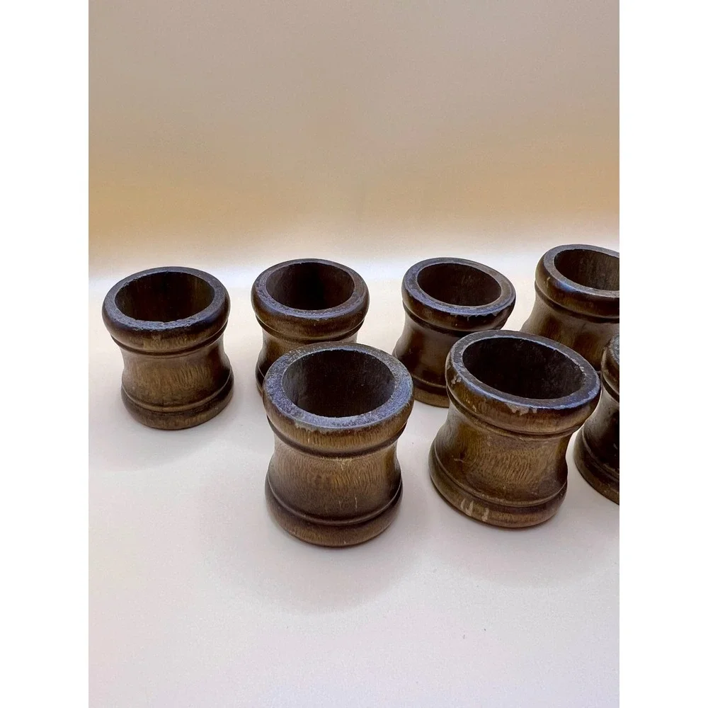 Vintage Dark Wood Napkin Rings Set of 8 Spool Hourglass Shape Brown Rustic Decor